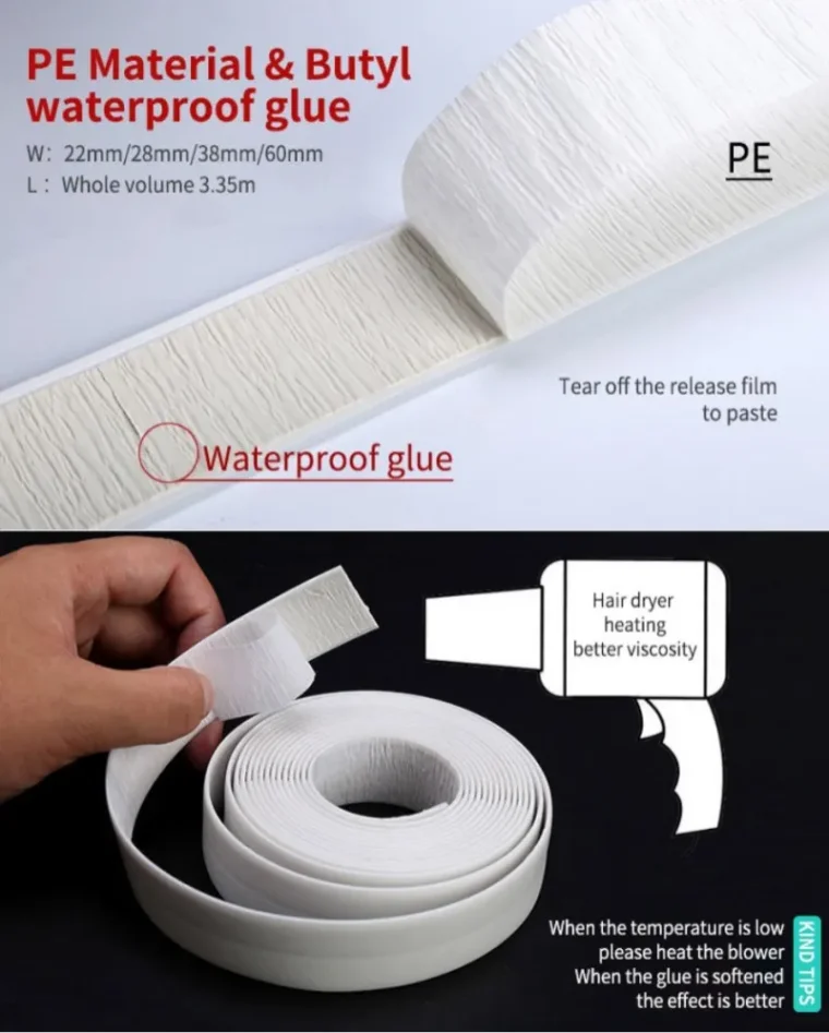 Self-adhesive tape caulk strip for bathtub sealing
