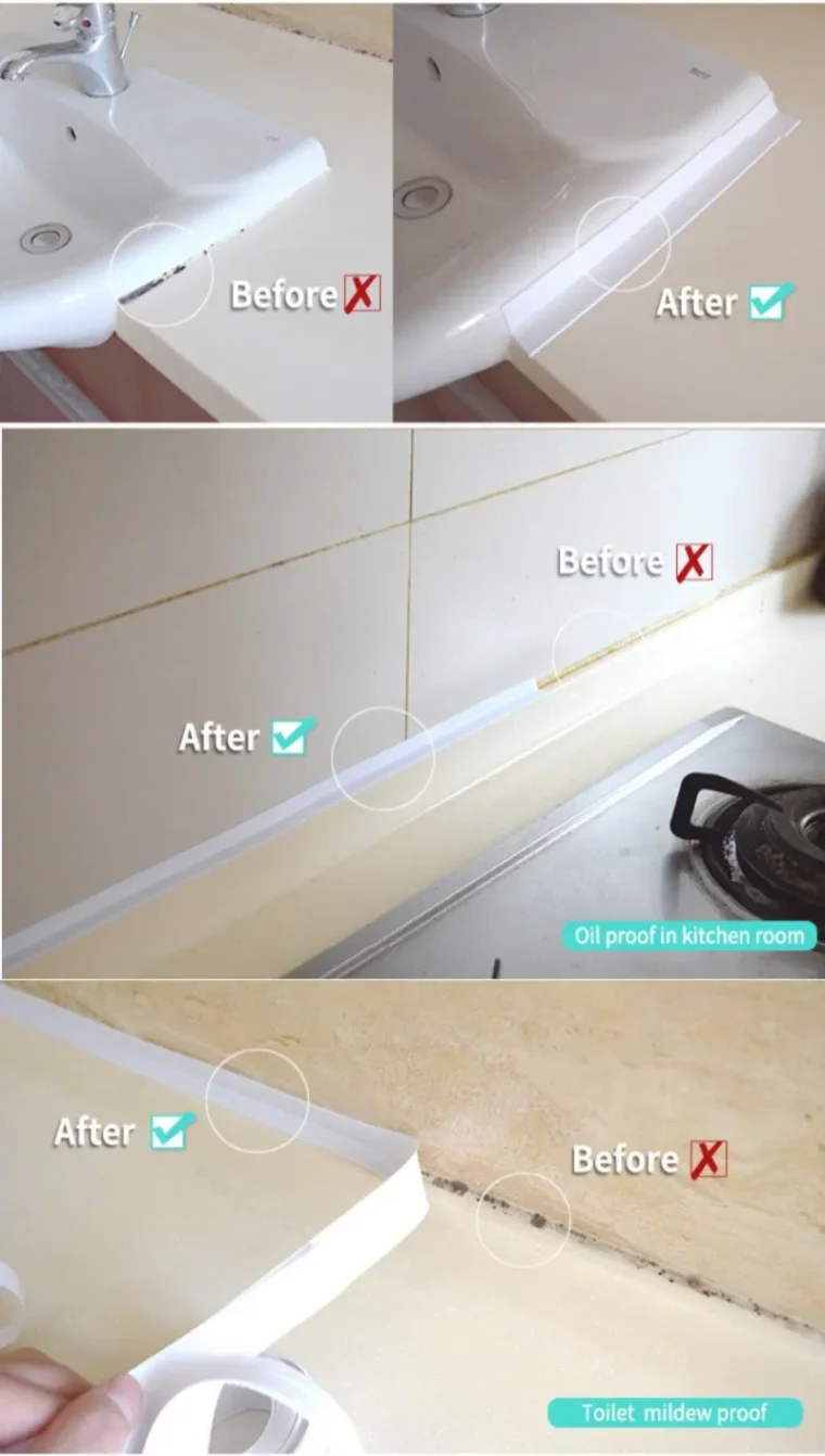 Self-adhesive tape caulk strip for shower sealing