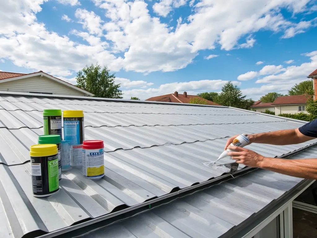 A person applies roof sealant to a metal roof outdoors