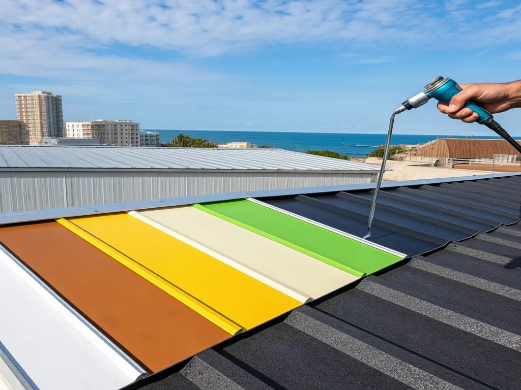 A hand sprays colorful roof sealant on a metal roof