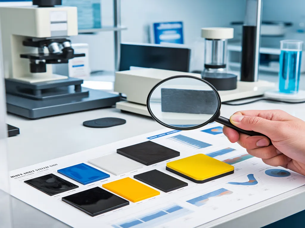 A hand uses a magnifying glass to inspect colored material samples on a table