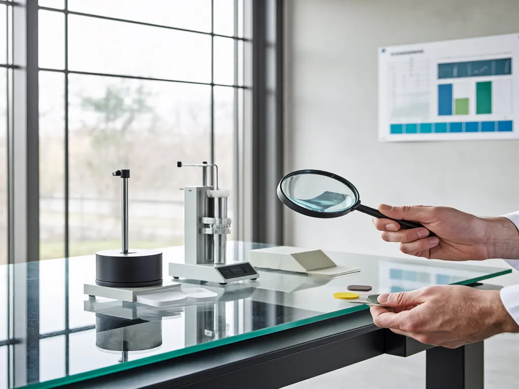 A hand uses a magnifying glass to inspect sealing materials on a glass table