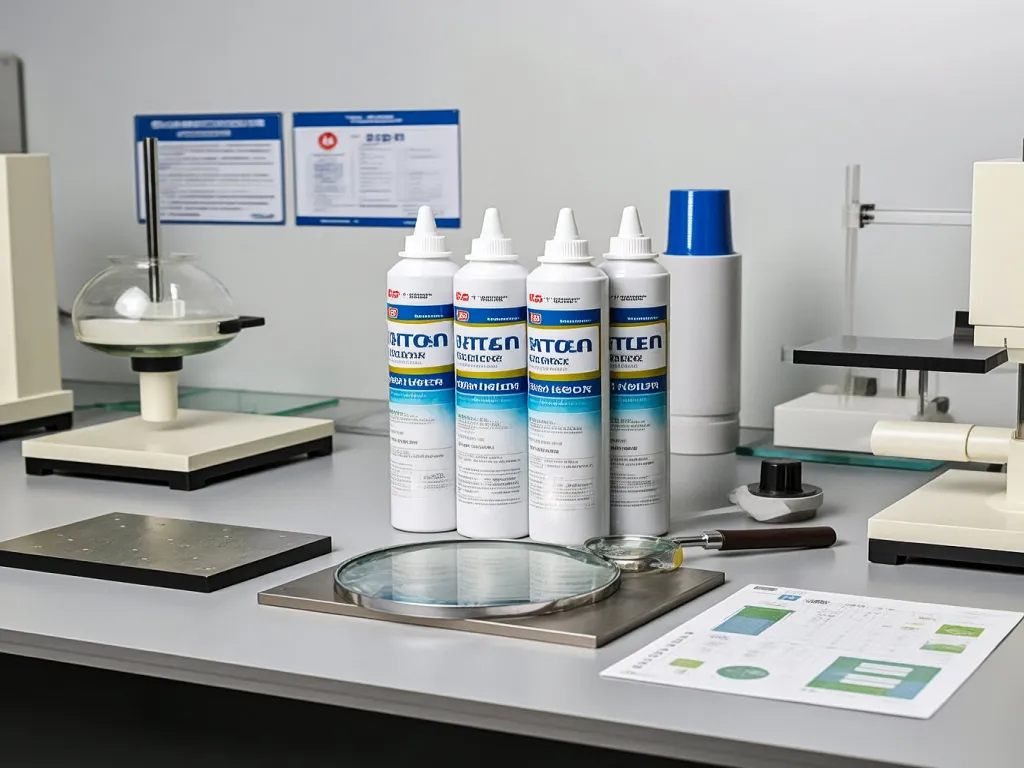 Silicone sealant bottles on a laboratory table with testing equipment