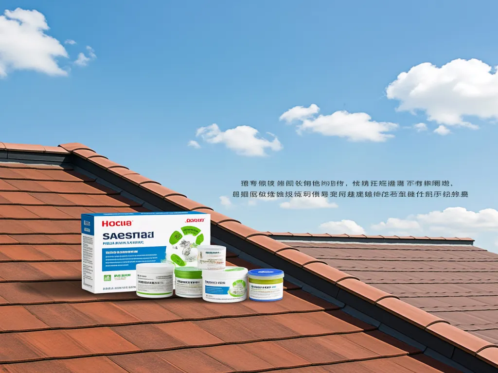 Display of roof sealant products on a tiled roof
