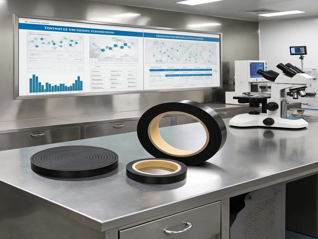 Samples of sealing materials displayed on a metal table with a data screen in the background