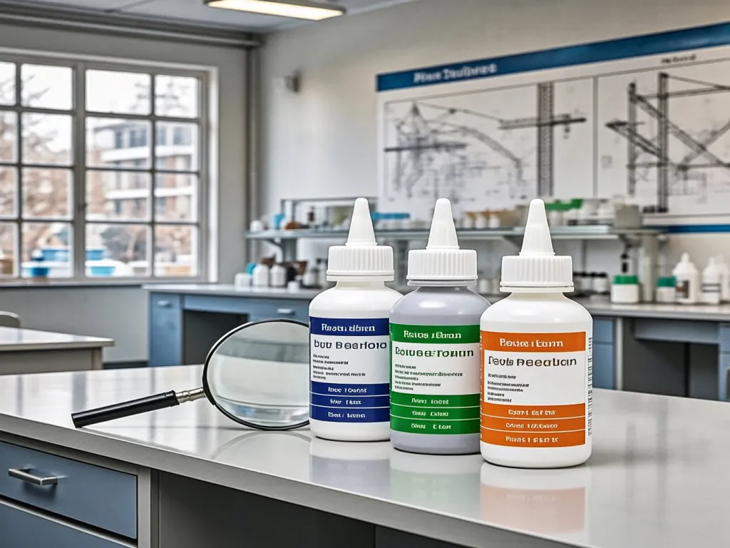 Silicone sealant bottles on a lab table