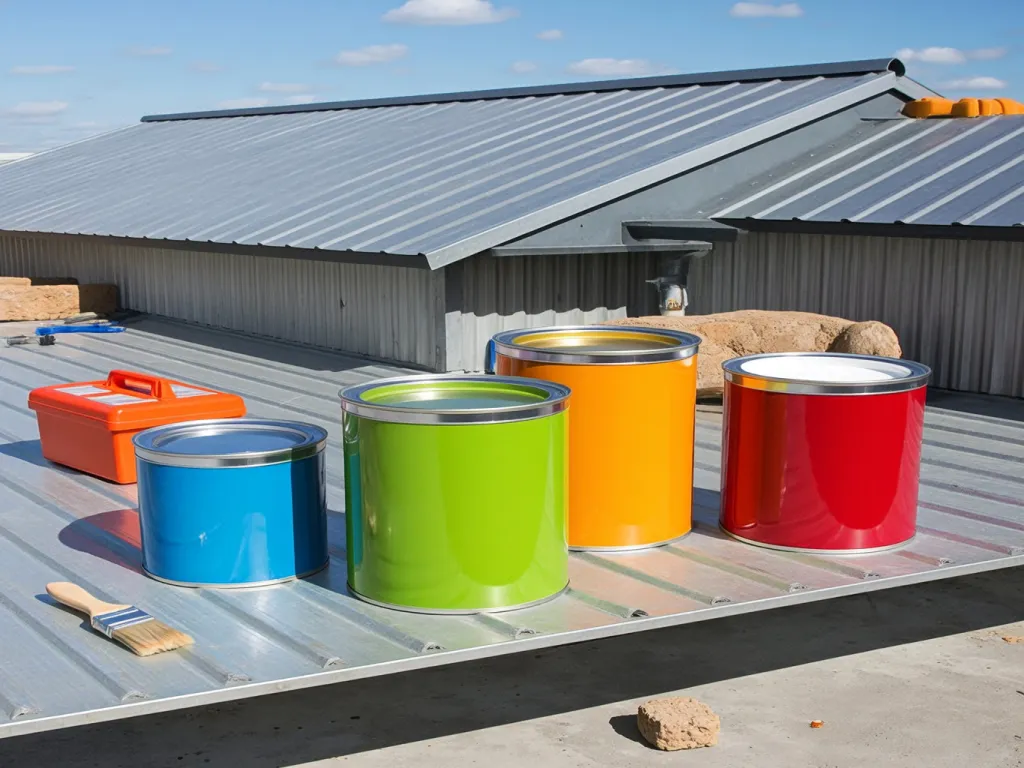 Colorful cans of metal roof sealant on a metal roof