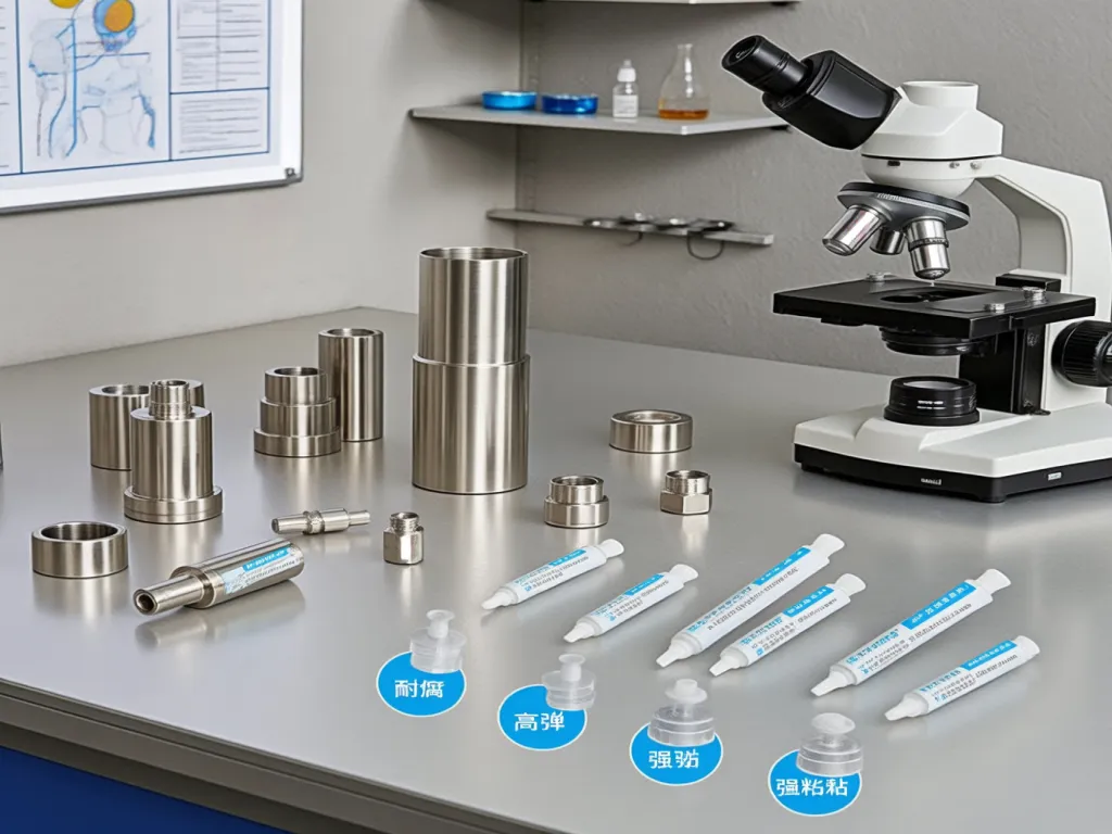 Duct sealant products displayed in a laboratory with a microscope
