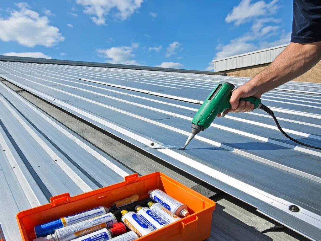 A person applies metal roof sealant using a green tool