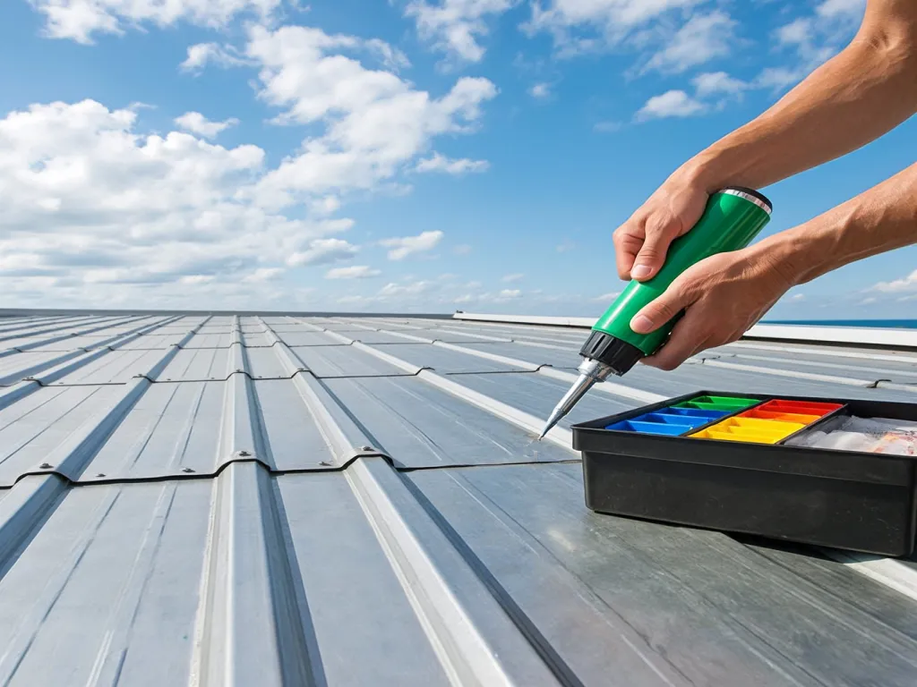 Closeup of a person using a tool to apply metal roof sealant