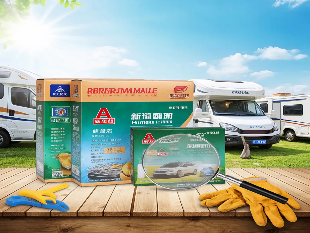 Packages of sealing materials and tools displayed with camper vans in the background