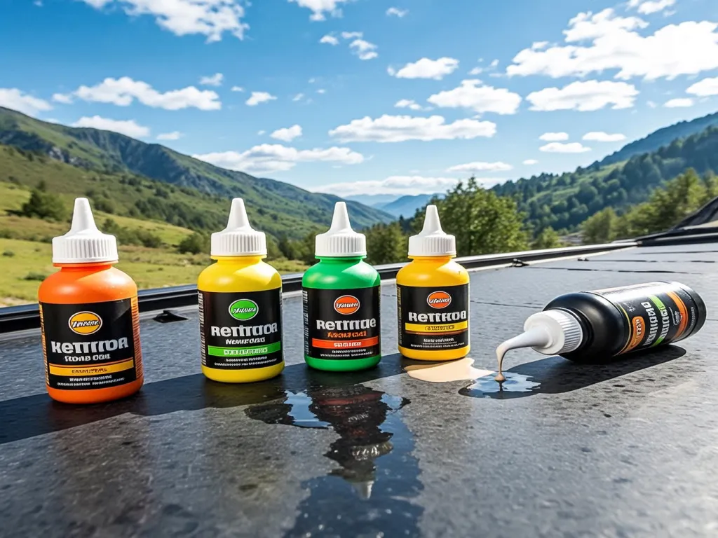 Sealing products displayed on a camper roof with a mountain backdrop