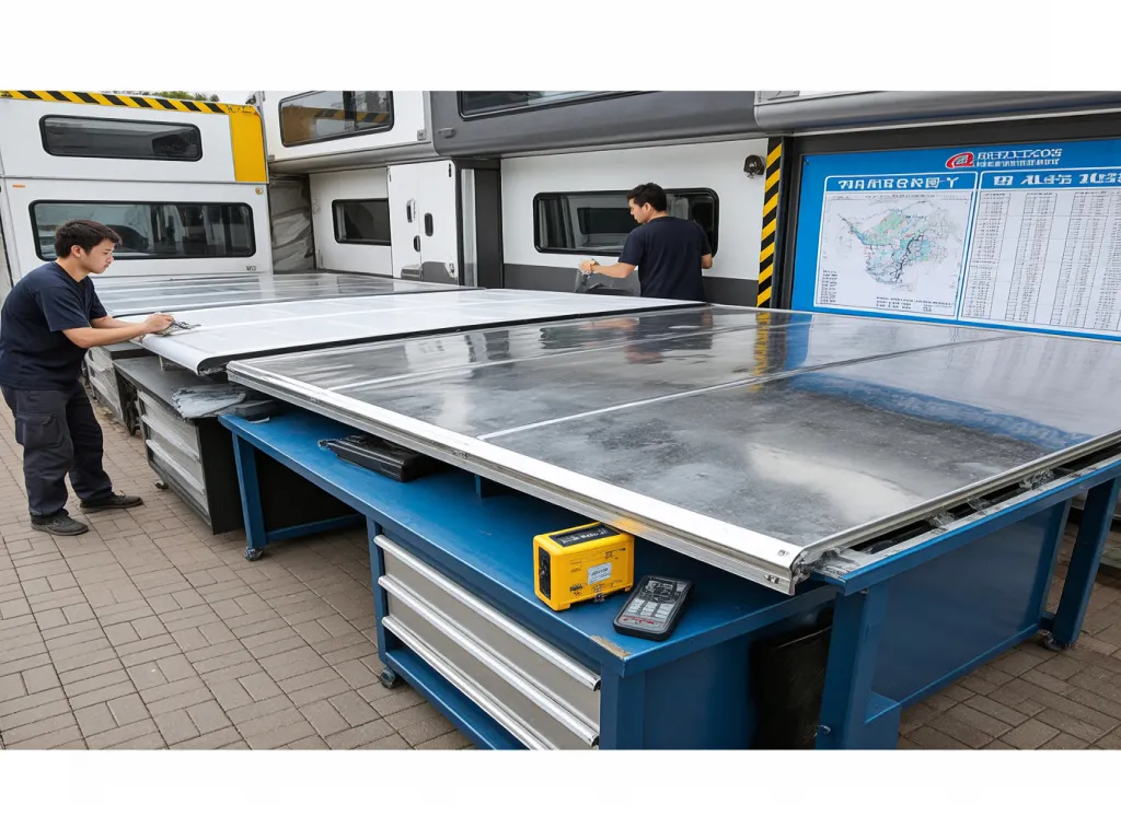 Workers preparing large sheets of sealing material in an industrial setting