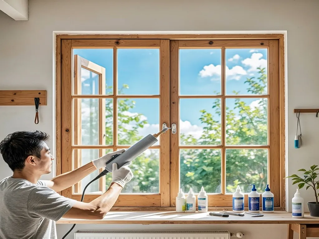 A person applies window sealant to a wooden window frame