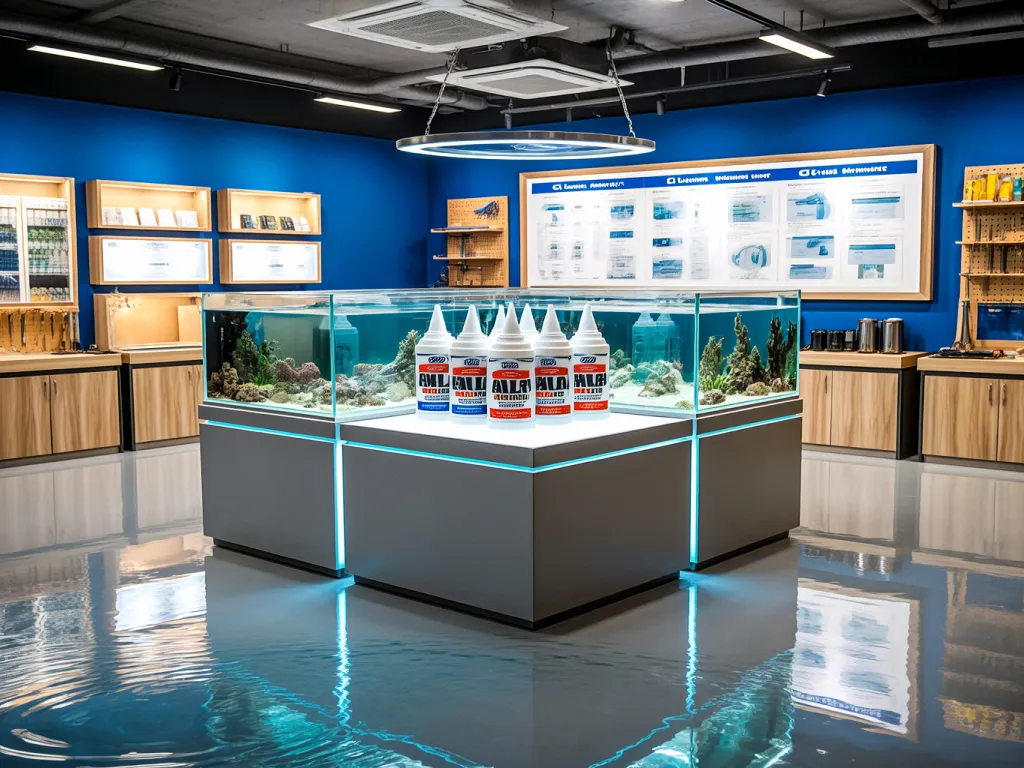 Aquarium sealant product showcase in a modern setting