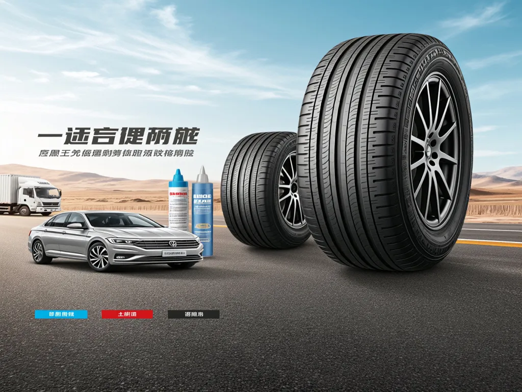 Car tires and bottles of tire sealant on a road