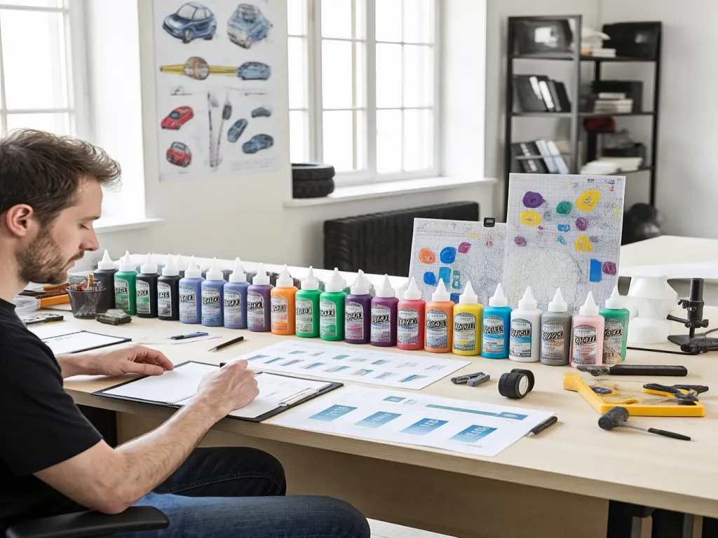 A man works with various colored tire sealant bottles on a table