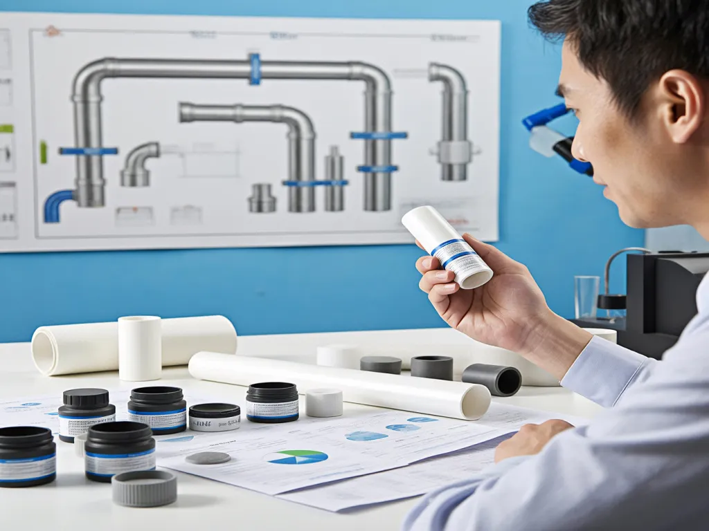 A person inspects a pipe thread sealant product