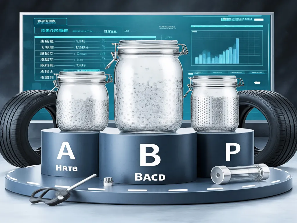 Comparison chart of different tire sealants with jars labeled A, B, P