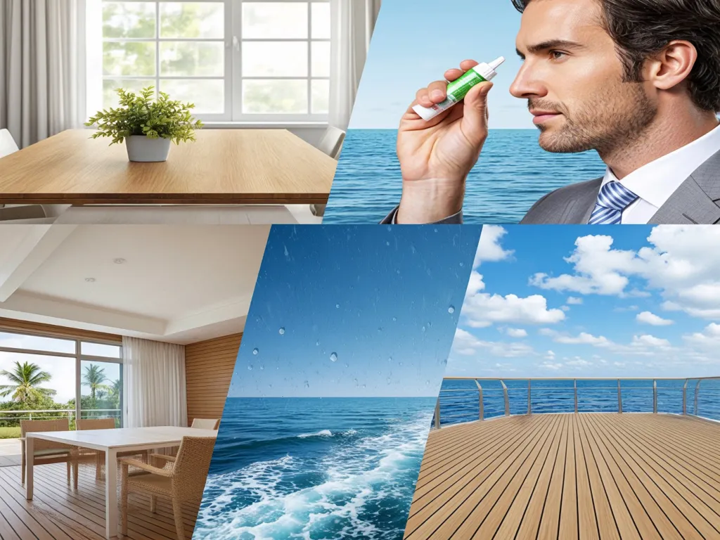 Results of wood sealant application: protected wood, ocean view, and deck