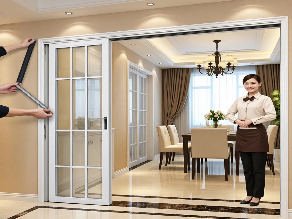 Installing door seal strip on sliding door with help