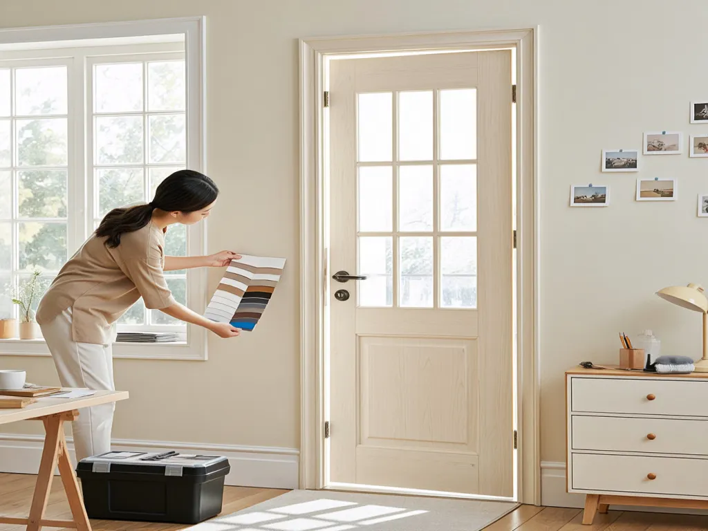 Woman choosing door seal strip color sample near door