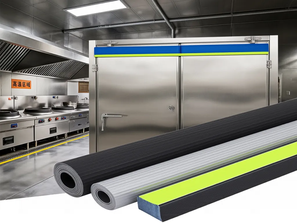 Weather stripping door seals in industrial kitchen setting