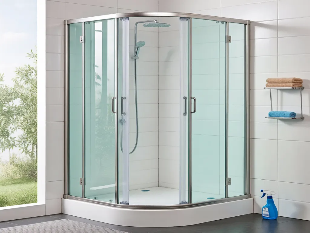 Glass shower enclosure with vertical shower door seal strip