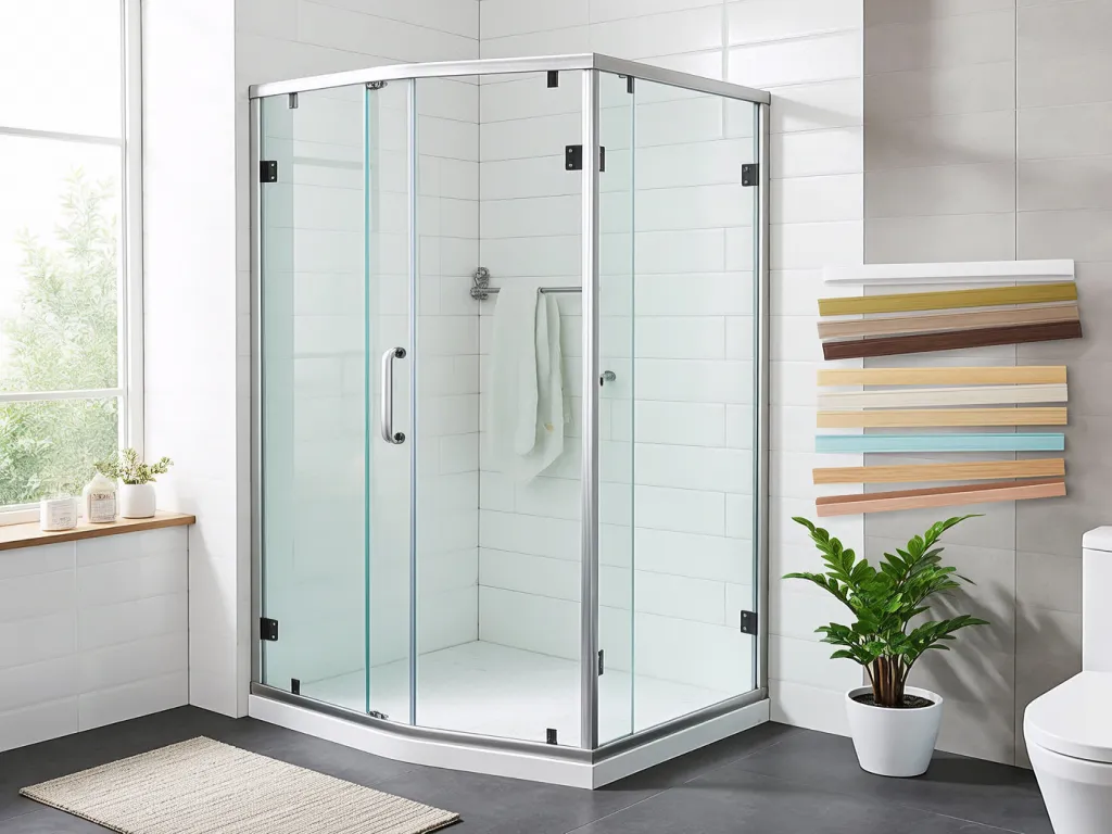 Modern shower enclosure with vertical shower door seal strip