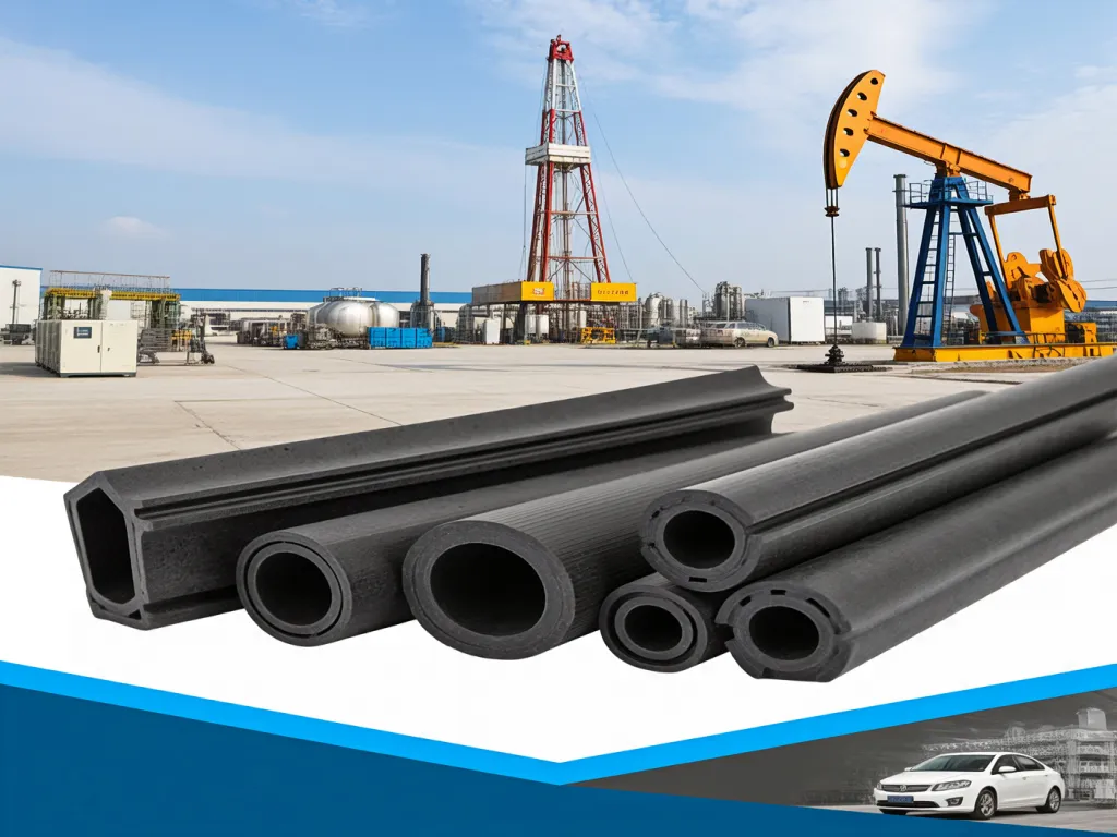 Rubber seal strips in use at an industrial site with oil rigs