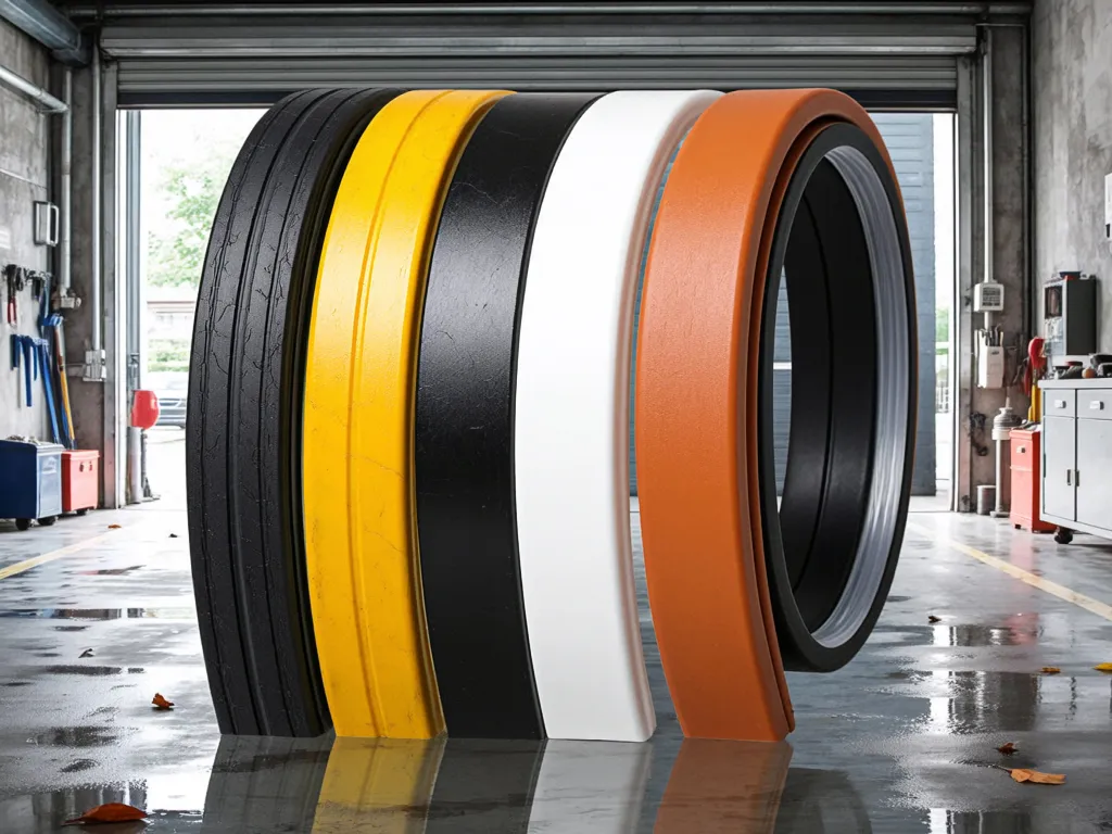 Stacked colored garage seal strips in black, yellow, white, and orange