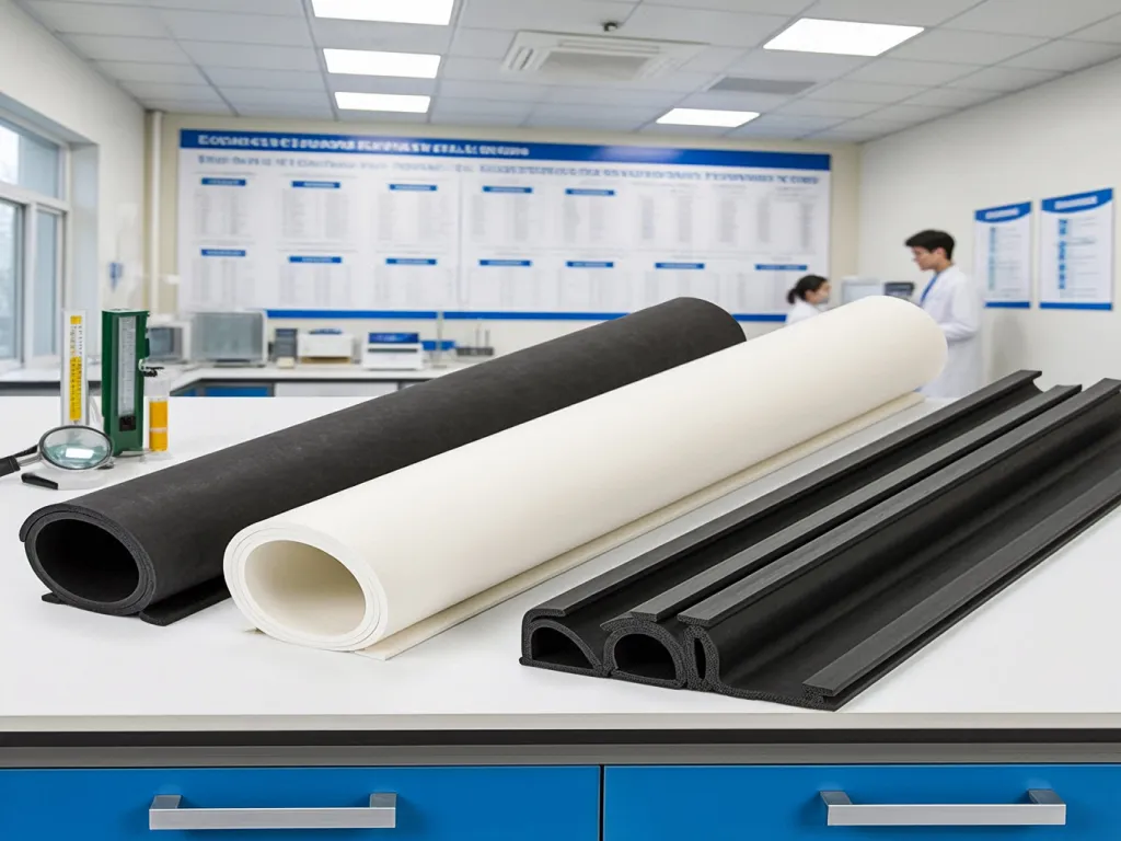 Garage seal strips displayed on a table in a laboratory setting