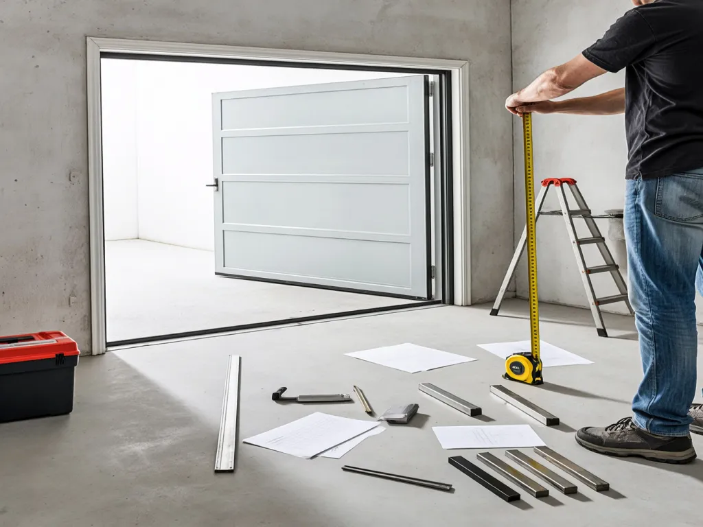 A man measures for a garage seal strip installation