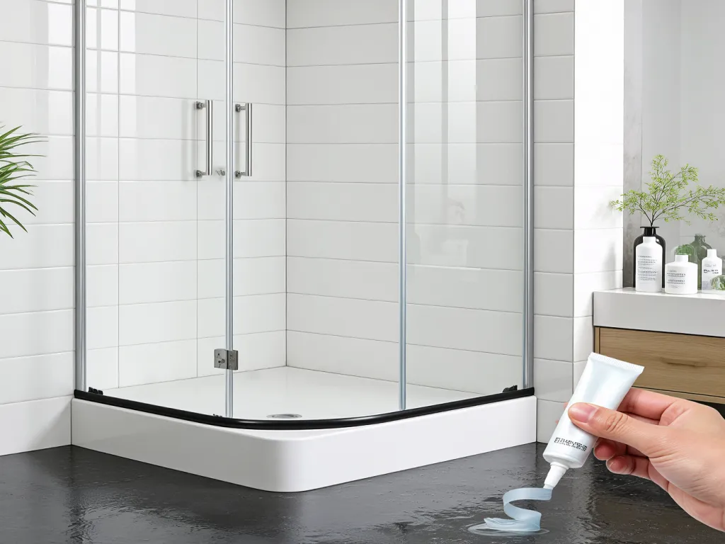 Hand installing shower door bottom seal strip