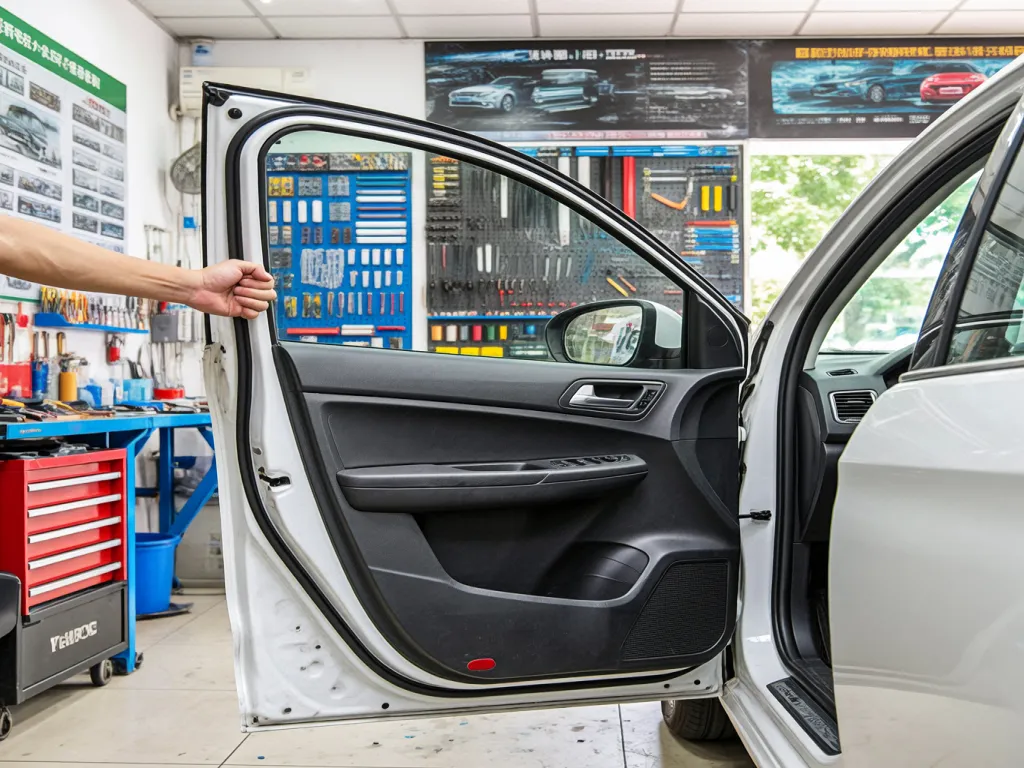 A hand closes a car door showcasing the seal strip