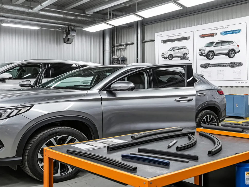 Display of car door seals in a workshop