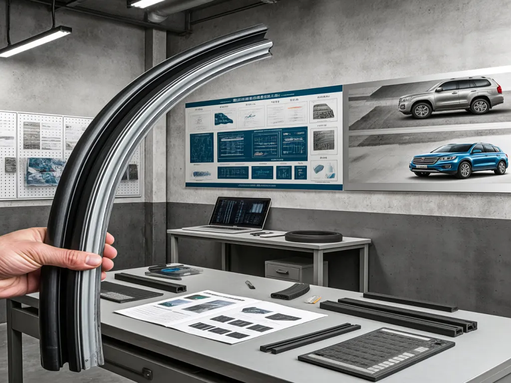 A hand holding a car door seal strip with technical drawings in the background