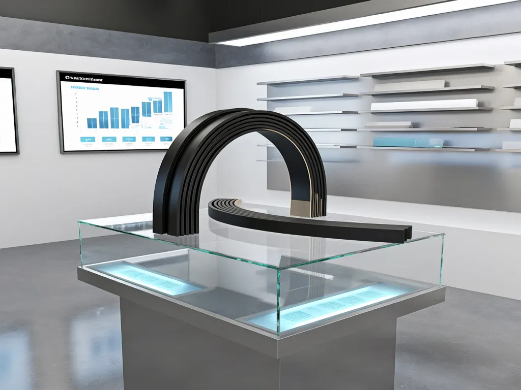 Display of door seal strips in a modern showroom