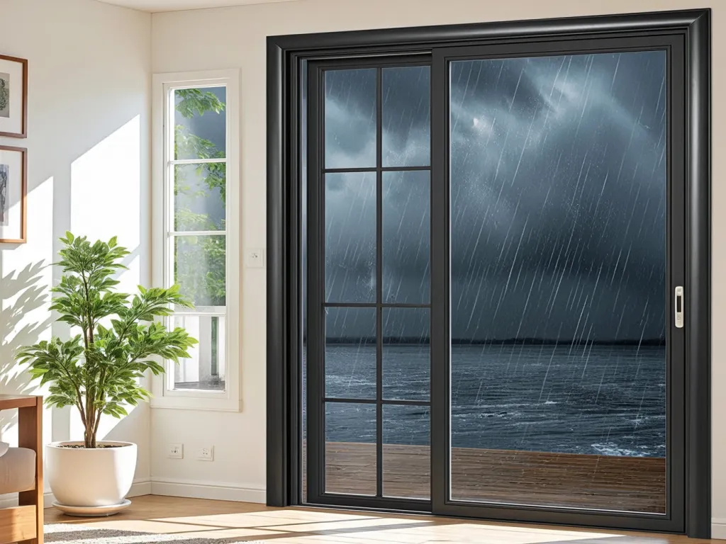 A door with a seal strip installed, showing weatherproofing