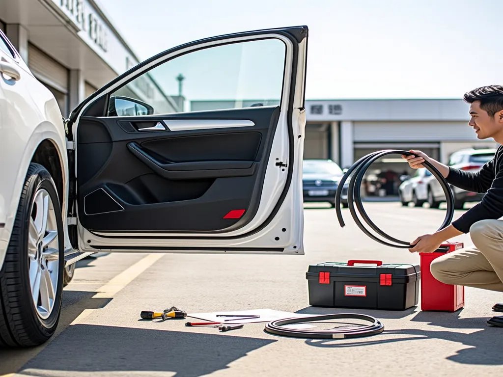 A man installing an auto door seal strip on a car door