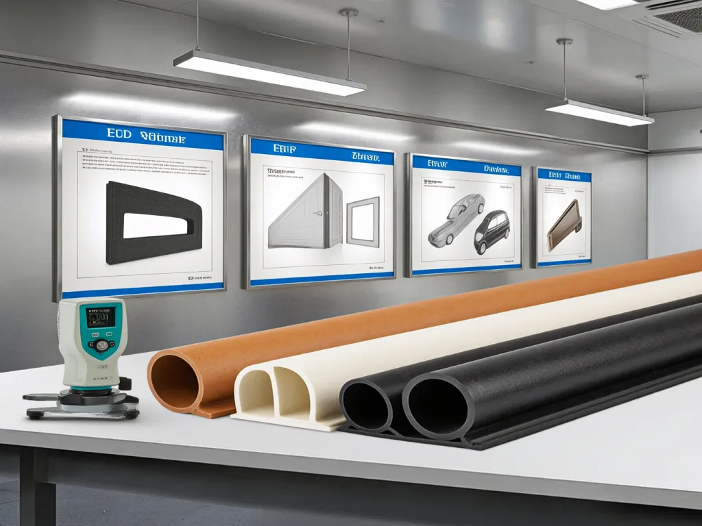 Various auto door seal strips and related products on display