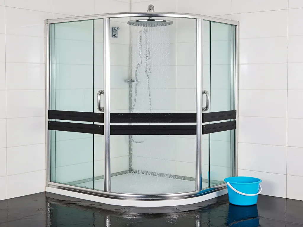 Shower with installed framed shower door seal strip