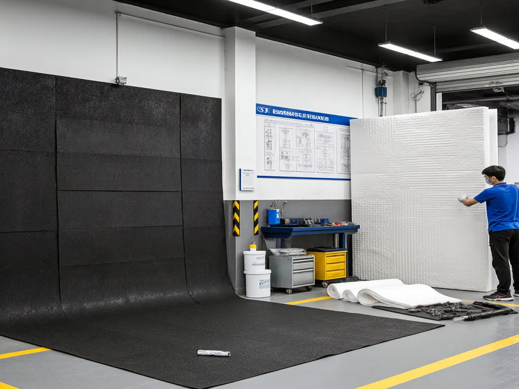 Installation of car soundproofing material in a workshop