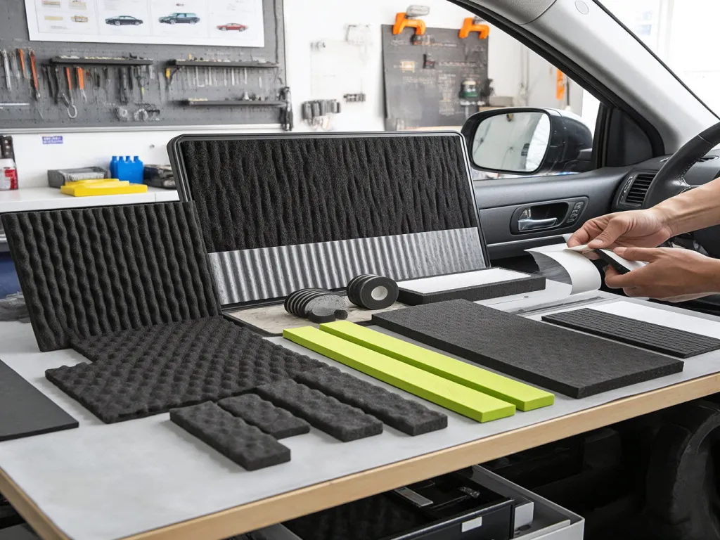 Display of various car soundproofing materials