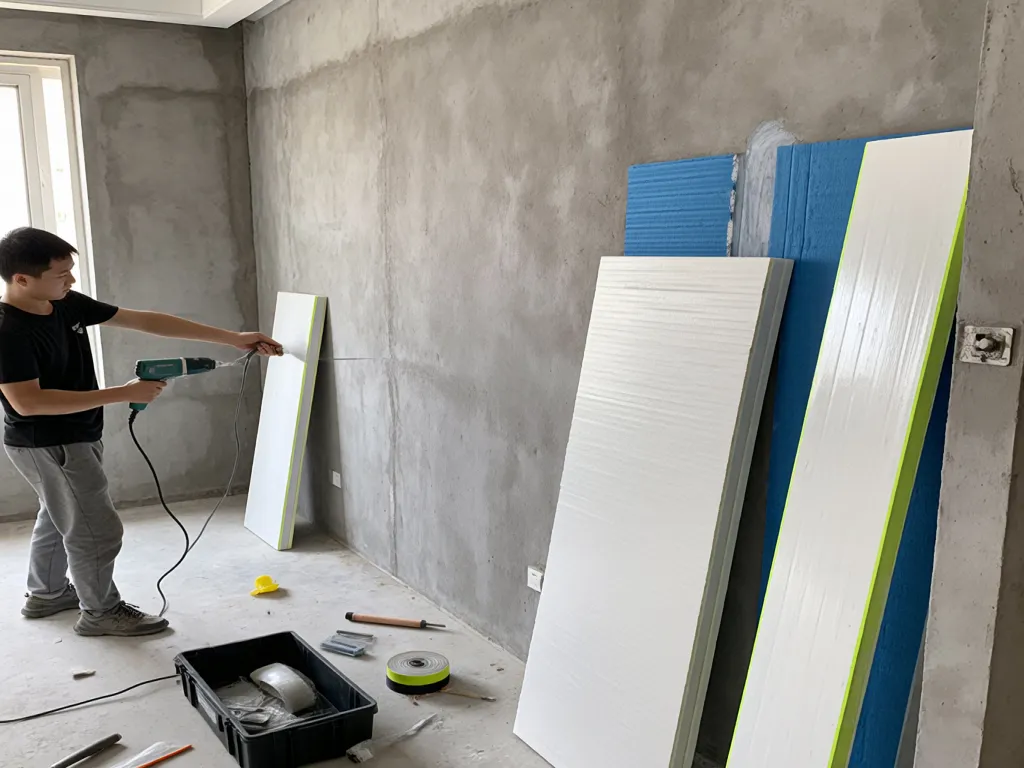 A person installs soundproofing material on a wall