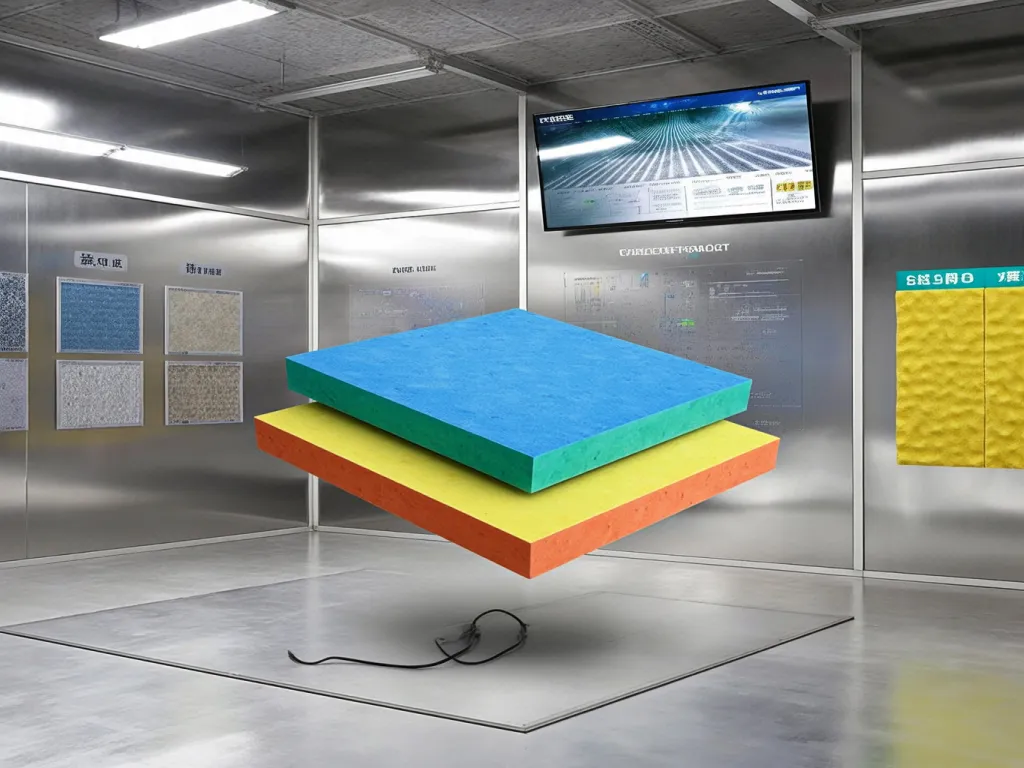 Display of different colored soundproofing materials in an industrial environment