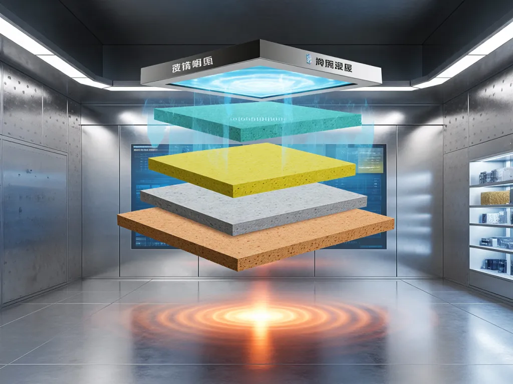 Illustration of different layers of soundproofing materials in a modern industrial setting