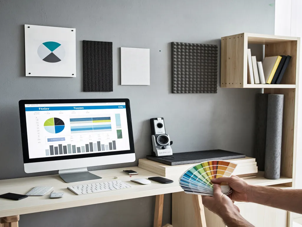 A person selects color samples for soundproofing materials on a desk with a computer