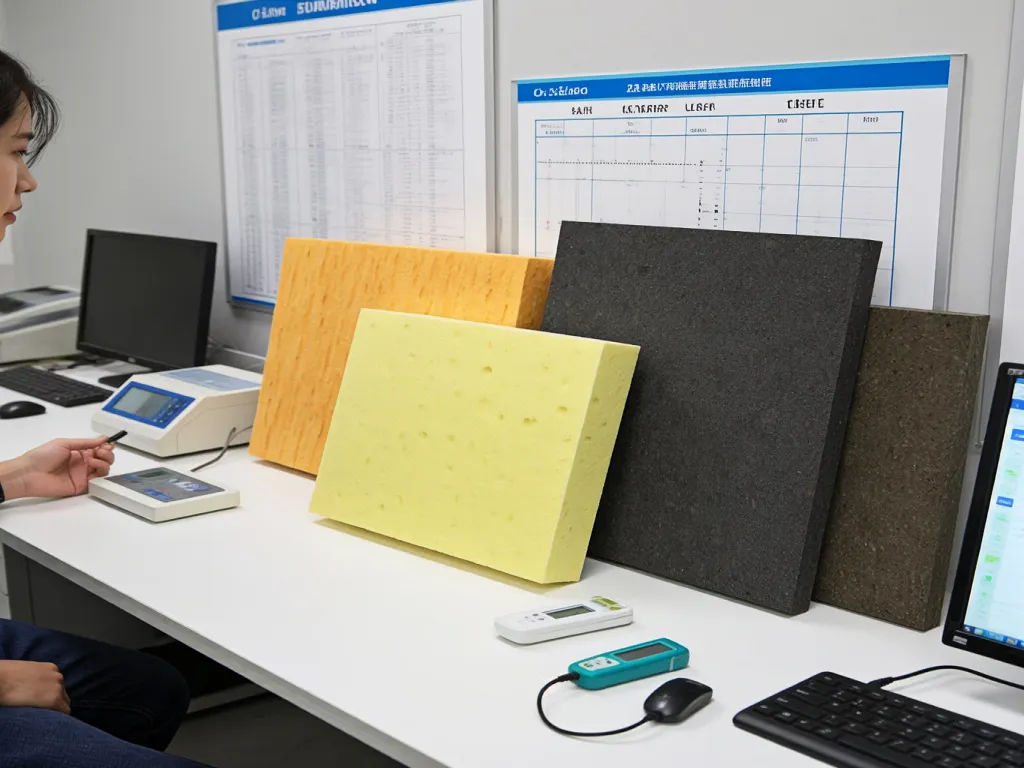Testing equipment and various soundproofing materials on a desk in a laboratory