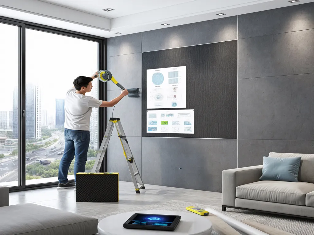 A person applies soundproofing material to a wall